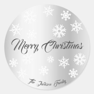Elegant Silver Effect Snowflakes Custom Name Xmas Classic Round Sticker