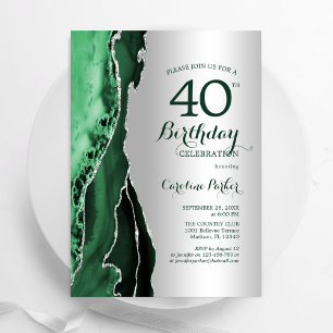 Elegant Silver Emerald Green Agate 40th Birthday Invitation