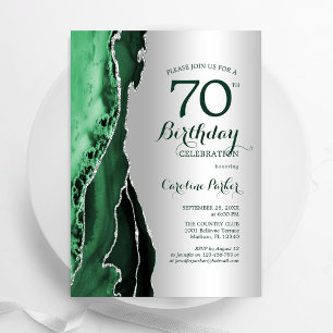 Elegant Silver Emerald Green Agate 70th Birthday Invitation