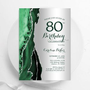 Elegant Silver Emerald Green Agate 80th Birthday Invitation