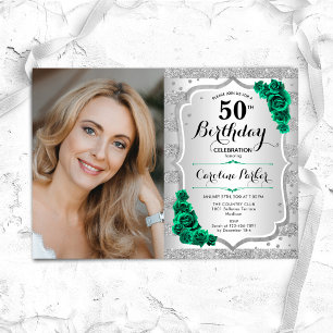 Elegant Silver Emerald Green Photo 50th Birthday Invitation