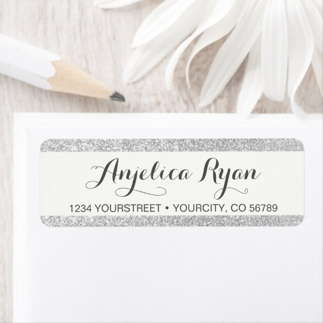 Elegant Silver Faux Glitter Stripes Return Address (Insitu)