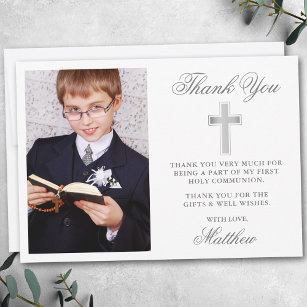 Elegant Silver First Holy Communion Photo Thank You Card
