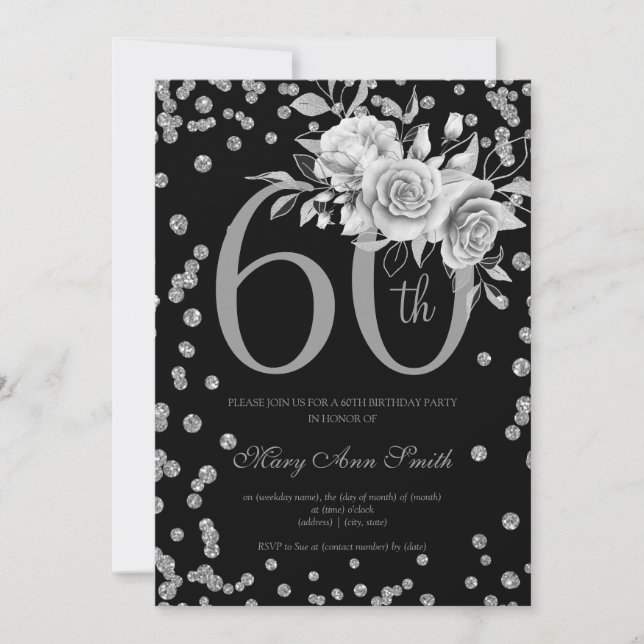 Elegant Silver Floral 60th Birthday Party Black  Invitation (Front)