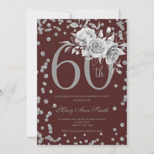 Elegant Silver Floral 60th Birthday Party Burgundy Invitation