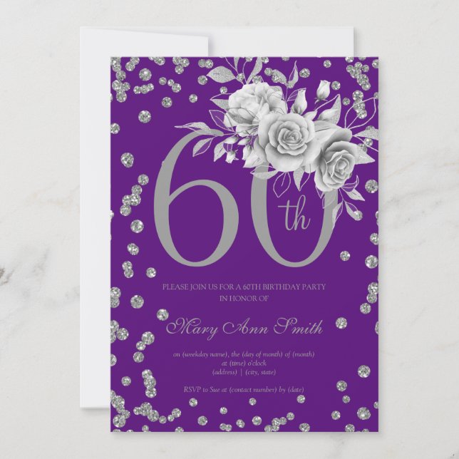 Elegant Silver Floral 60th Birthday Party Purple  Invitation (Front)