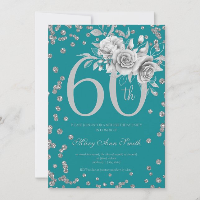 Elegant Silver Floral 60th Birthday Party Teal  Invitation (Front)