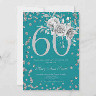 Elegant Silver Floral 60th Birthday Party Teal  Invitation