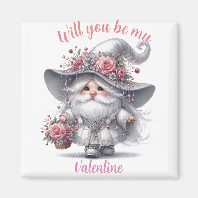 Elegant silver floral basket cute valentine gnome magnet (Front)