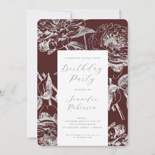 Elegant Silver Floral Birthday Party Burgundy  Invitation (Front)