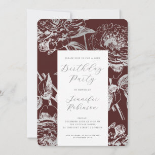 Elegant Silver Floral Birthday Party Burgundy Invitation