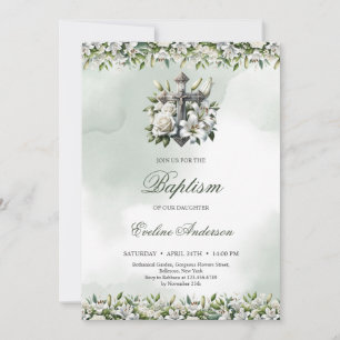 Elegant silver floral cross white lilies  Baptism Invitation