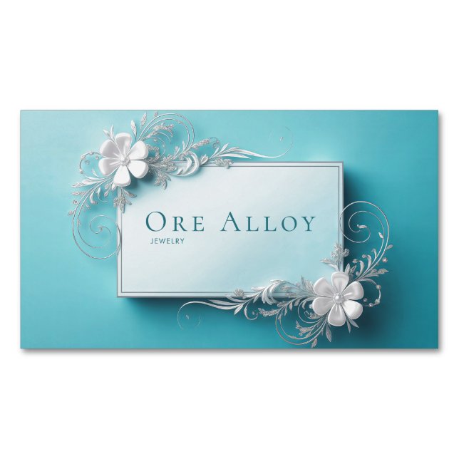 Elegant Silver Floral Filigree Aqua Blue Sophistic Magnetic Business Card (Front)