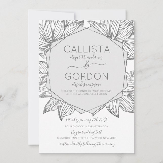 Elegant Silver Floral Hexagon Terrarium Wedding Invitation (Front)