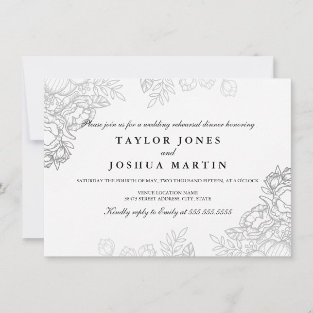 Elegant Silver Floral Rehearsal Dinner Invite (Front)