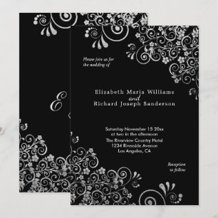 Elegant Silver Floral Swirls Black  Wedding Invitation