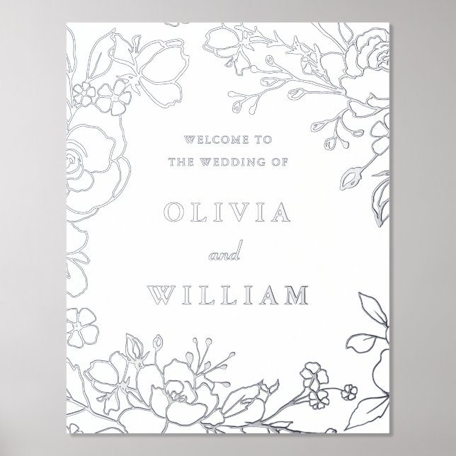 Elegant Silver Floral Wedding Ceremony Welcome Foil Prints (Front)