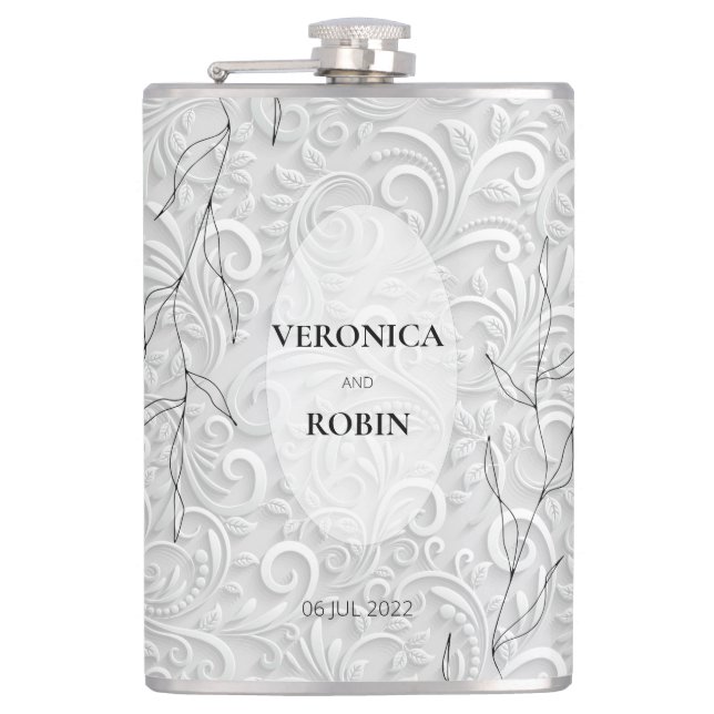 Elegant Silver Floral Wedding Flask – Personalised (Front)
