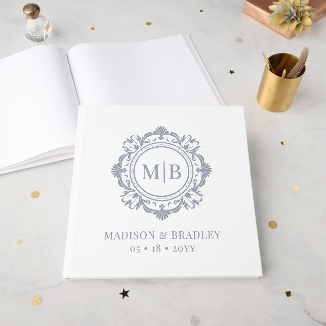 Elegant Silver Floral Wedding Monogram Guest Book (Front Open)