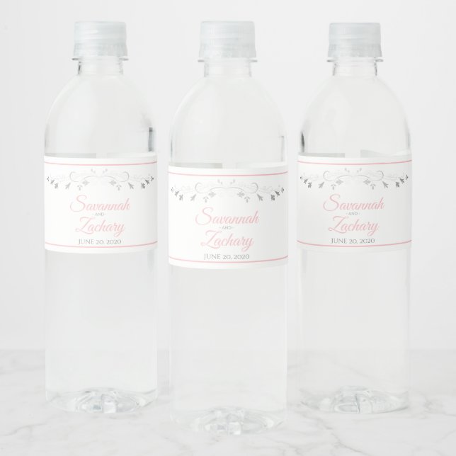 Elegant Silver Flourish Blush Pink Script Wedding  Water Bottle Label (Bottles)
