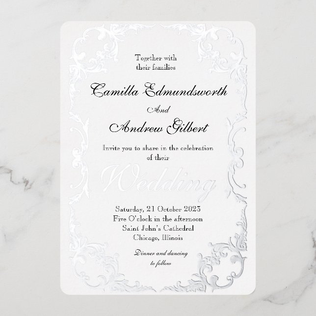 Elegant Silver Flourish Border Wedding (Front)
