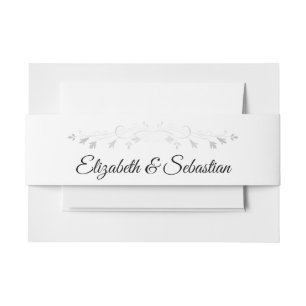 Elegant Silver Flourish on White Wedding Invitation Belly Band