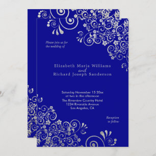 Elegant Silver Flower Swirls Navy Blue Wedding Invitation