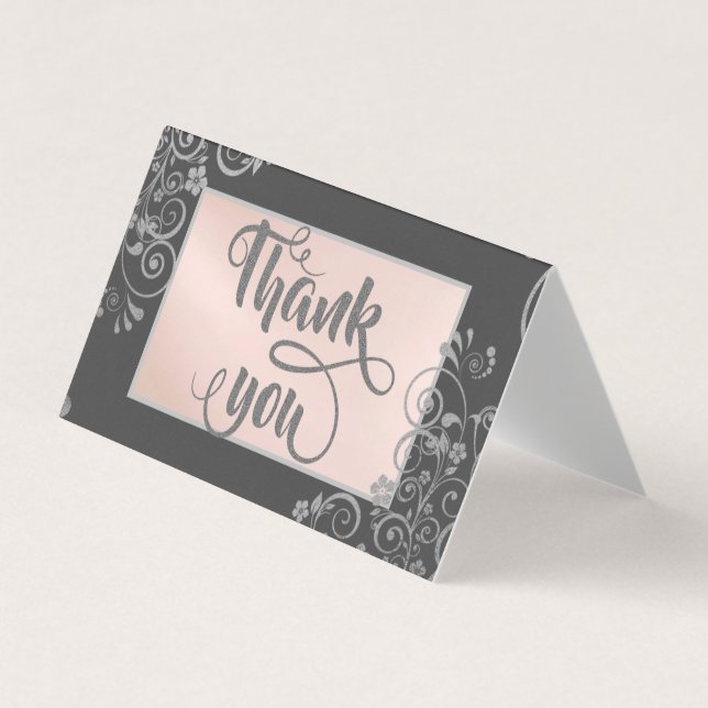 Elegant Silver  Flowers  Glittery Thank You Card (Front)