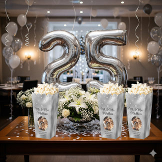 Elegant Silver Foil & 25th Anniversary Popcorn Favour Box