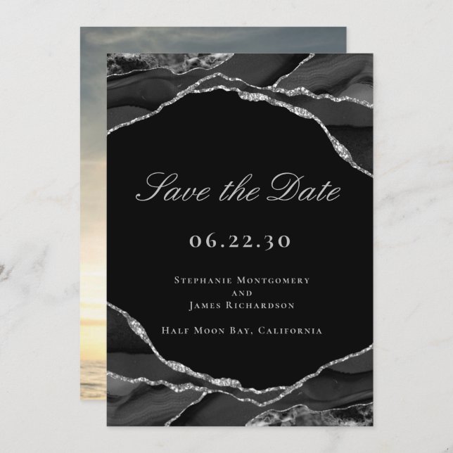 Elegant Silver Foil Black Agate Wedding Photo Save The Date (Front/Back)