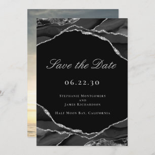 Elegant Silver Foil Black Agate Wedding Photo Save The Date