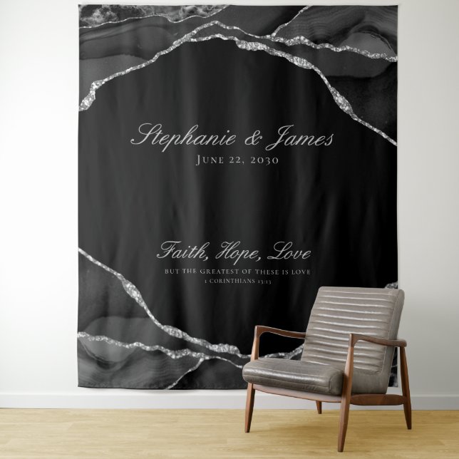 Elegant Silver Foil Black Agate Wedding Tapestry (In Situ)