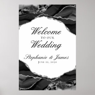 Elegant Silver Foil Black Agate Wedding Welcome Poster
