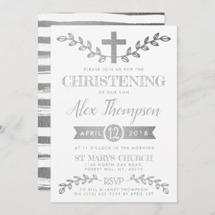 Elegant Silver Foil Cross & Foliage Christening Invitation