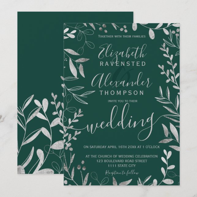 Elegant silver foil emerald green floral wedding invitation (Front/Back)