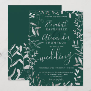 Elegant silver foil emerald green floral wedding invitation