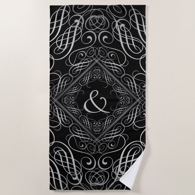 Elegant Silver Foil Look Filigree Scrollwork Black Beach Towel (Front)