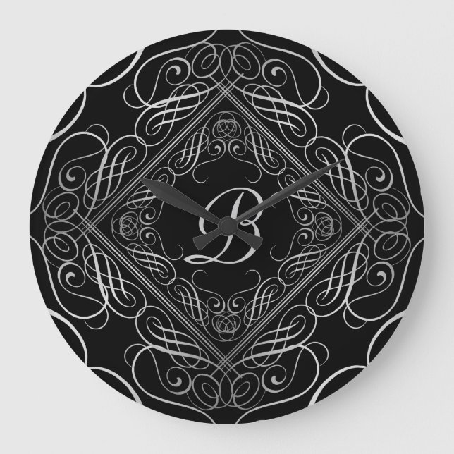 Elegant Silver Foil Look Filigree Scrollwork Black Large Clock (Front)