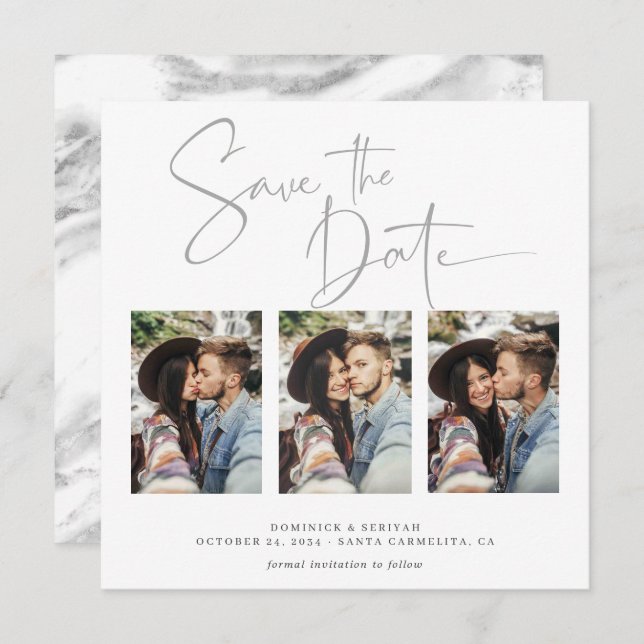 Elegant Silver Foil Marble Wedding Save the Date (Front/Back)