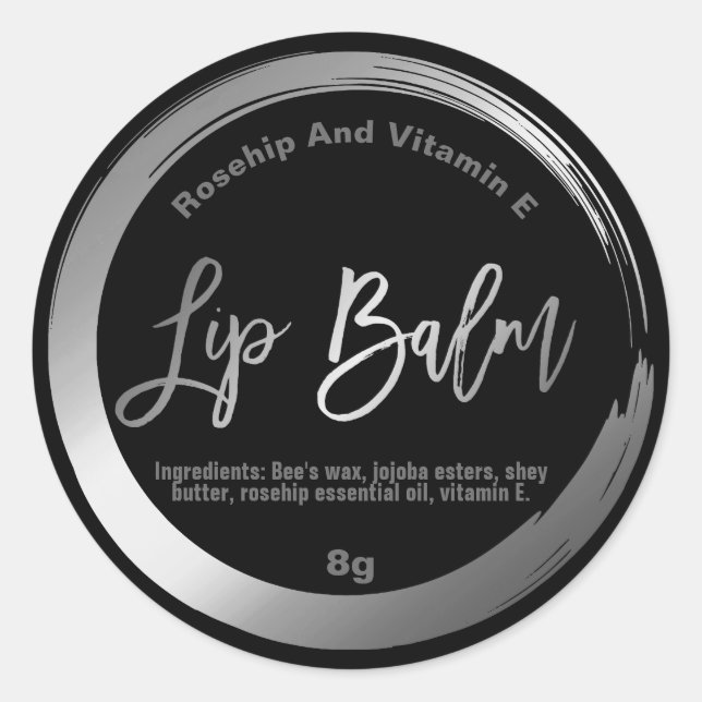 Elegant Silver Foil On Black Lip Balm Labels (Front)