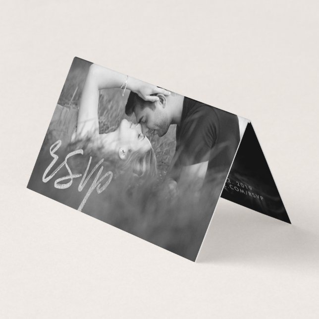 Elegant Silver Foil Script Double Photo RSVP Card (Front)