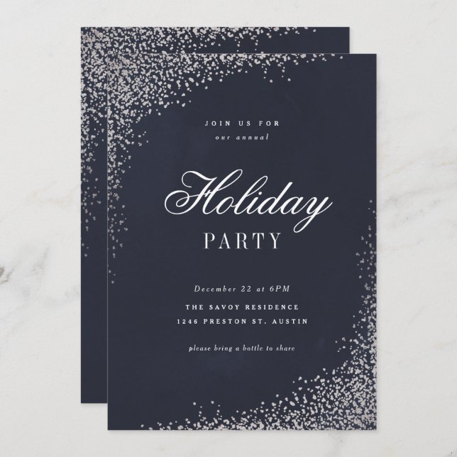 Elegant Silver Foil Script Holiday Party Invitation (Front/Back)