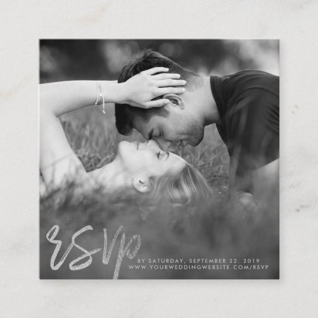 Elegant Silver Foil Script Photo RSVP Enclosure Card (Front)