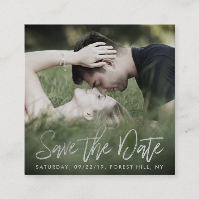 Elegant Silver Foil Script Photo Save The Date Enclosure Card (Front)