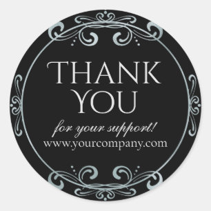 Elegant Silver Foil Swirls Luxury Black Thank You Classic Round Sticker
