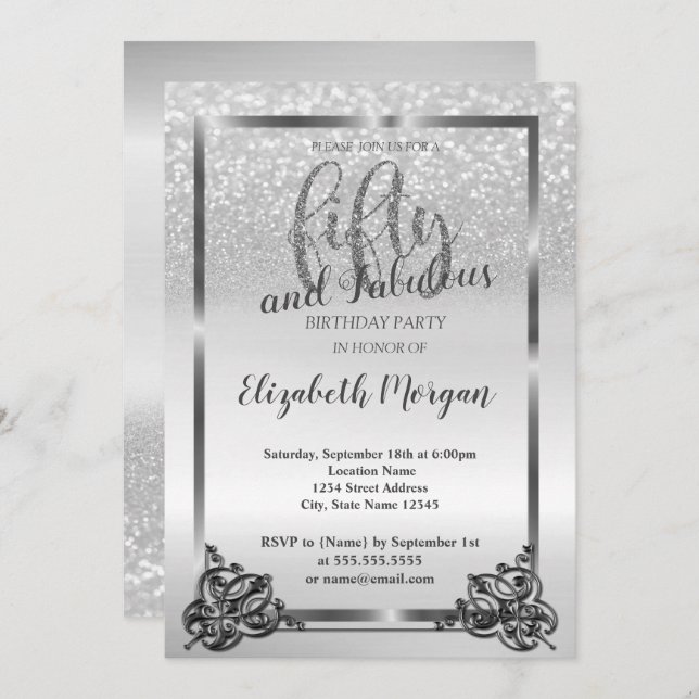 Elegant Silver Frame Glitter   50th Birthday Party Invitation (Front/Back)