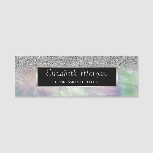 Elegant Silver  Frame, Glitter Ombre Holographic  Name Tag (Front)