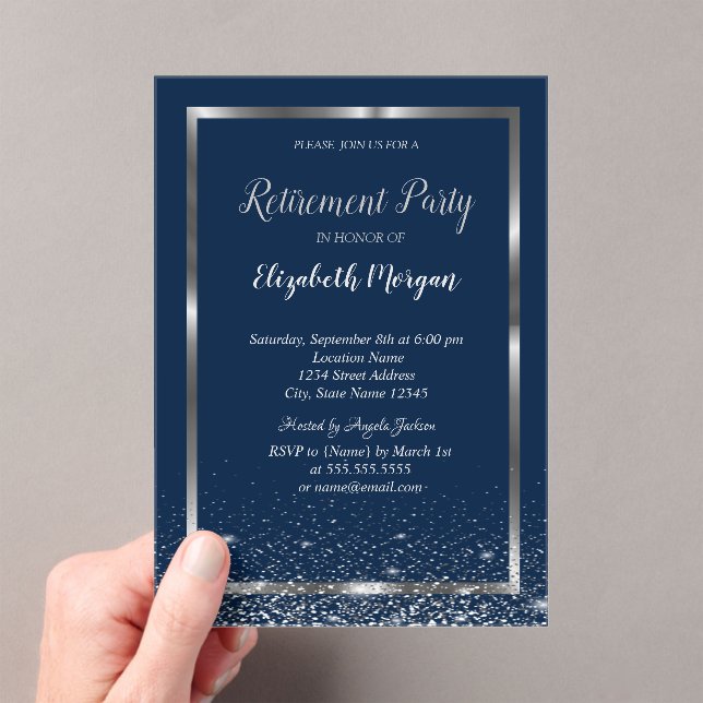 Elegant Silver Frame Navy Confetti Retirement Acrylic Invitations (Insitu (Handheld))