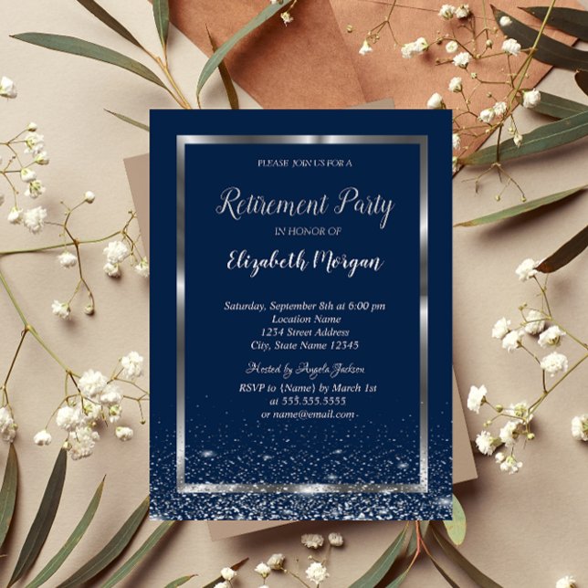 Elegant Silver Frame Navy Confetti Retirement Invitation (Creator Uploaded)