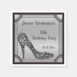 Elegant Silver Framed Black Stiletto 19th Birthday Napkin